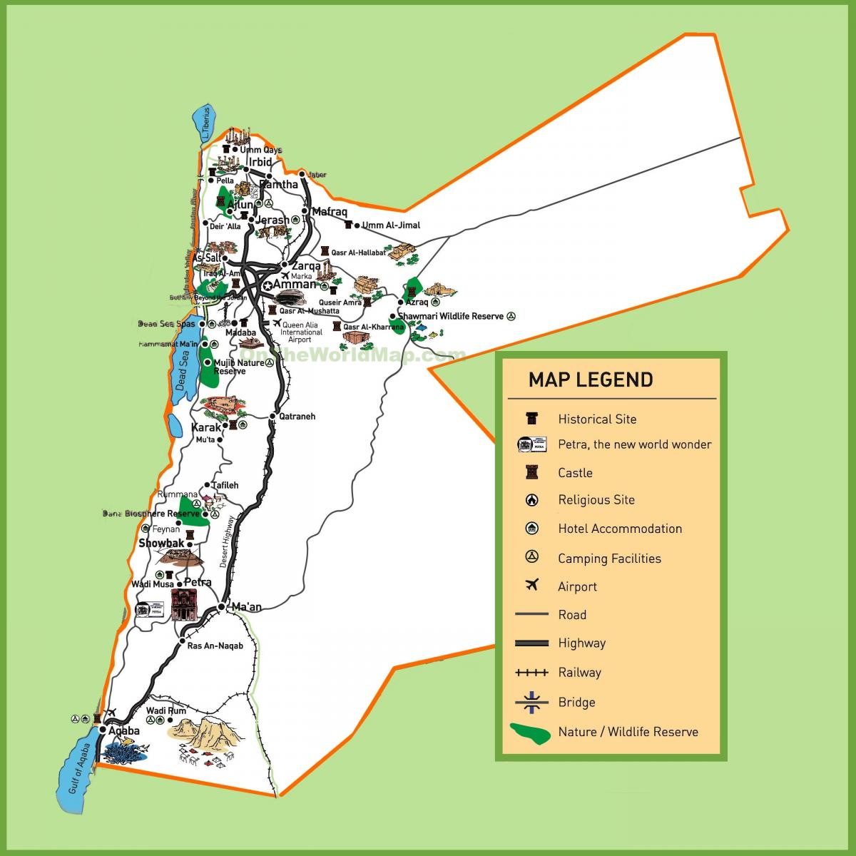 kaart van Jordanië toeristische sites